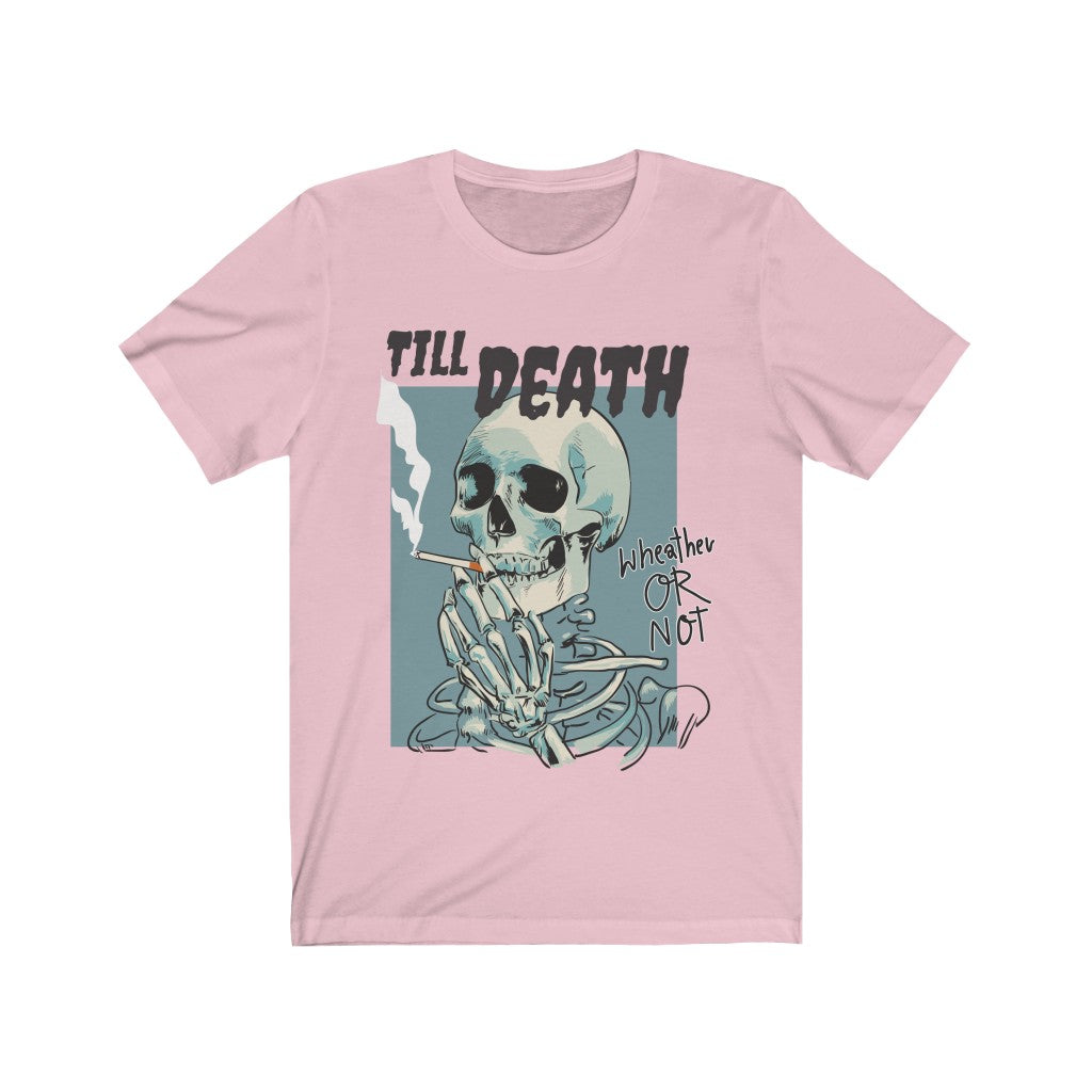 A stylish unisex t-shirt featuring a Smoking Skeleton graphic, made from soft cotton fabric.